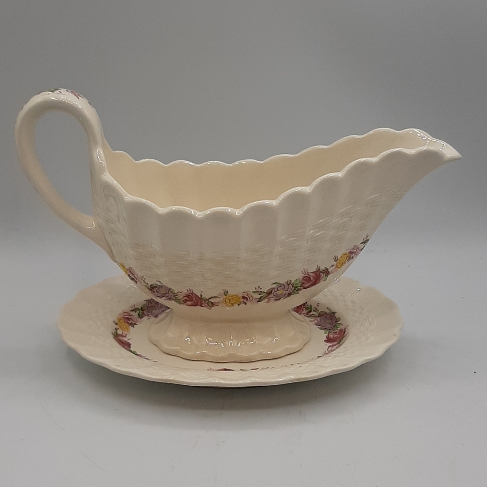 Spode Copeland England ROSE BRIAR Wicker Gravy Boat Attached Under Plate